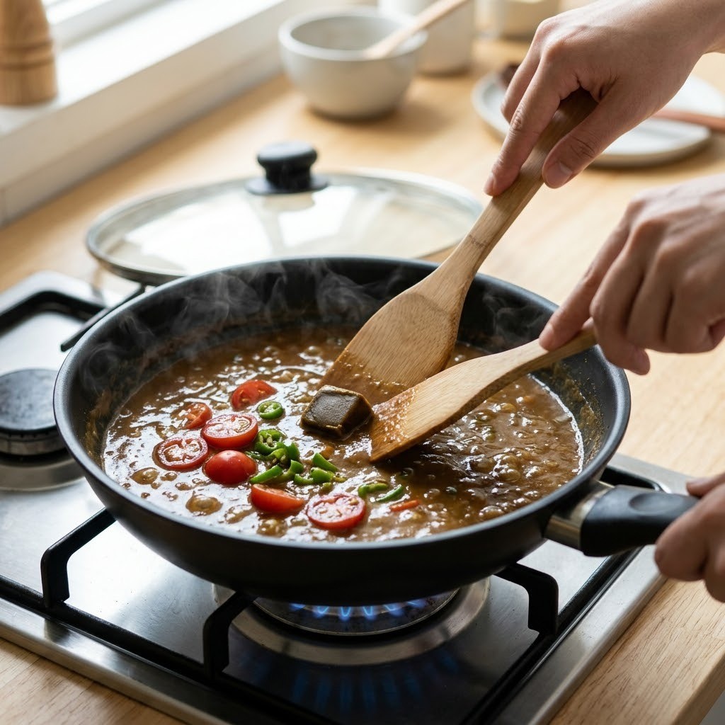 고체카레를 녹이고 방울토마토와 청양고추 넣어 볶기
