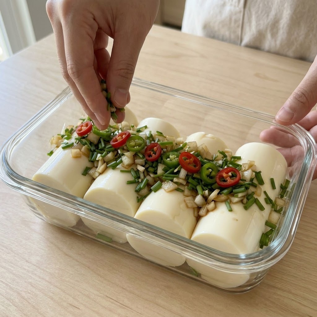밀폐용기에 순두부 통으로 담고 고명 올리기, 순두부 짜박이 세팅