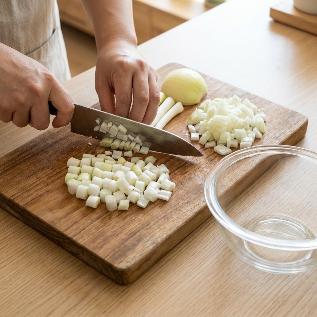 유산균음료 수육 쌈장용 대파 흰대와 양파 잘게 다지기