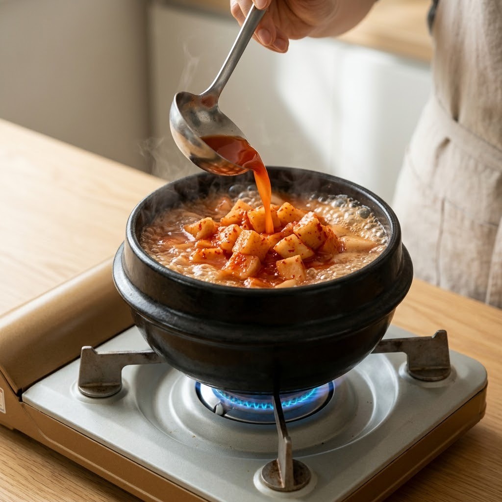 뚝배기에 쌀뜨물과 깍두기 국물 끓이기, 깍두기 청국장 2단계