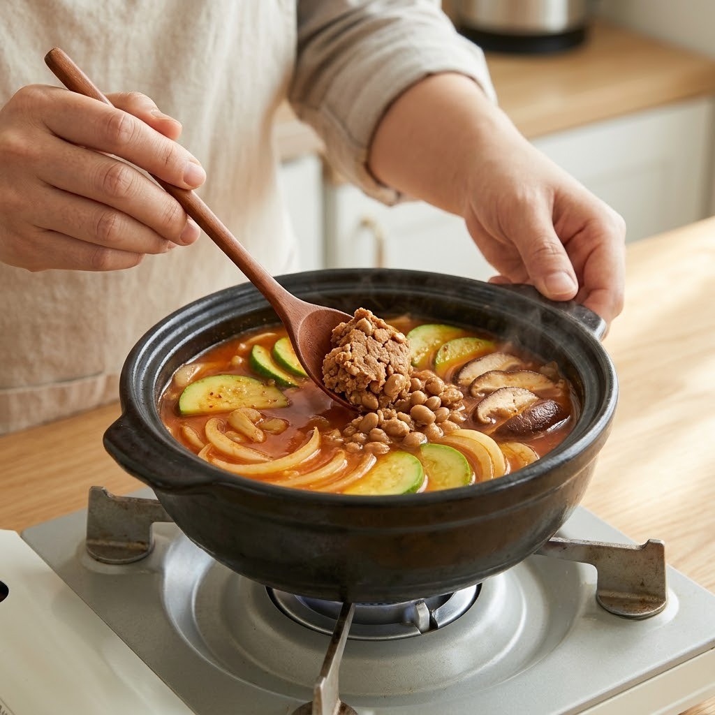 불을 끄고 청국장 풀고 채소 넣기, 깍두기 청국장 3단계