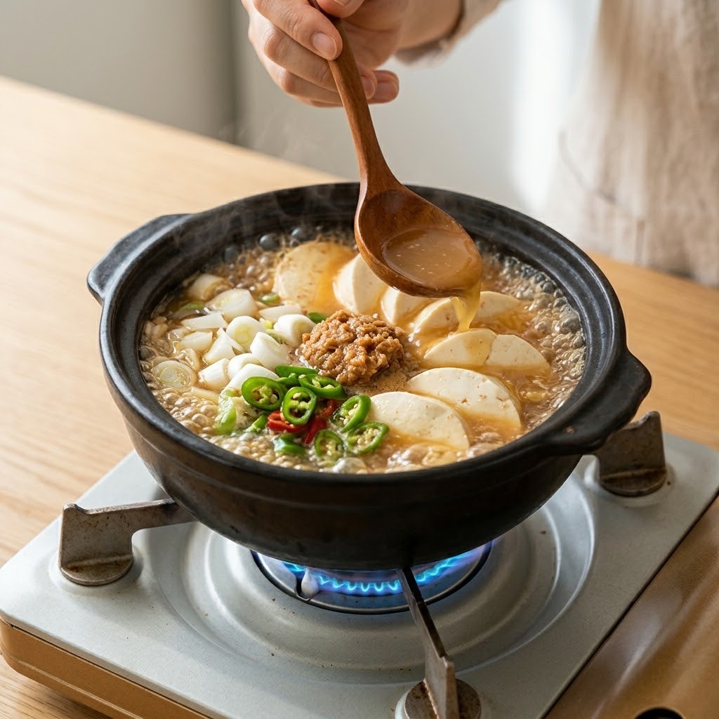 순두부 대파 된장 넣고 한소끔 끓여내기, 깍두기 청국장 4단계