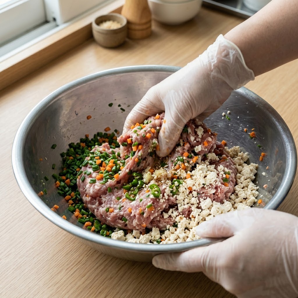 돼지고기 다짐육과 양념 버무리기, 동그랑땡 만들기 2단계