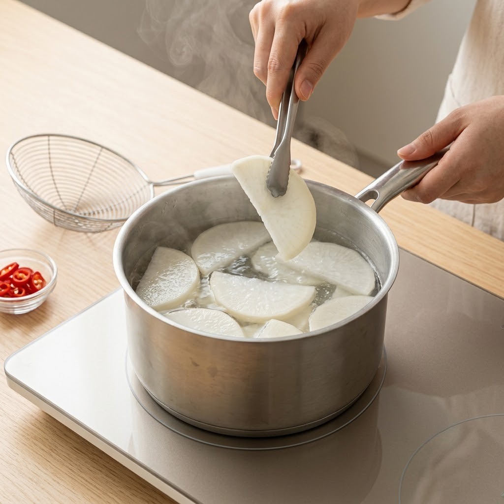 차예련 무전 두툼하게 썬 무를 끓는 소금물에 데쳐내는 과정