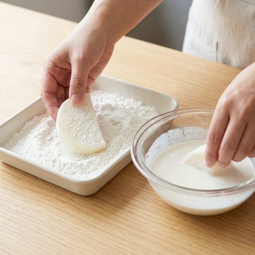 차예련 무전 데친 무에 마른 쌀가루를 입히고 반죽물을 묻히는 모습