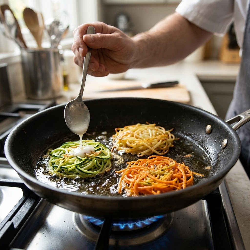 돌돌 만 채소에 반죽물 부어 팬에 부치기, 삼색 카나페 전 3단계