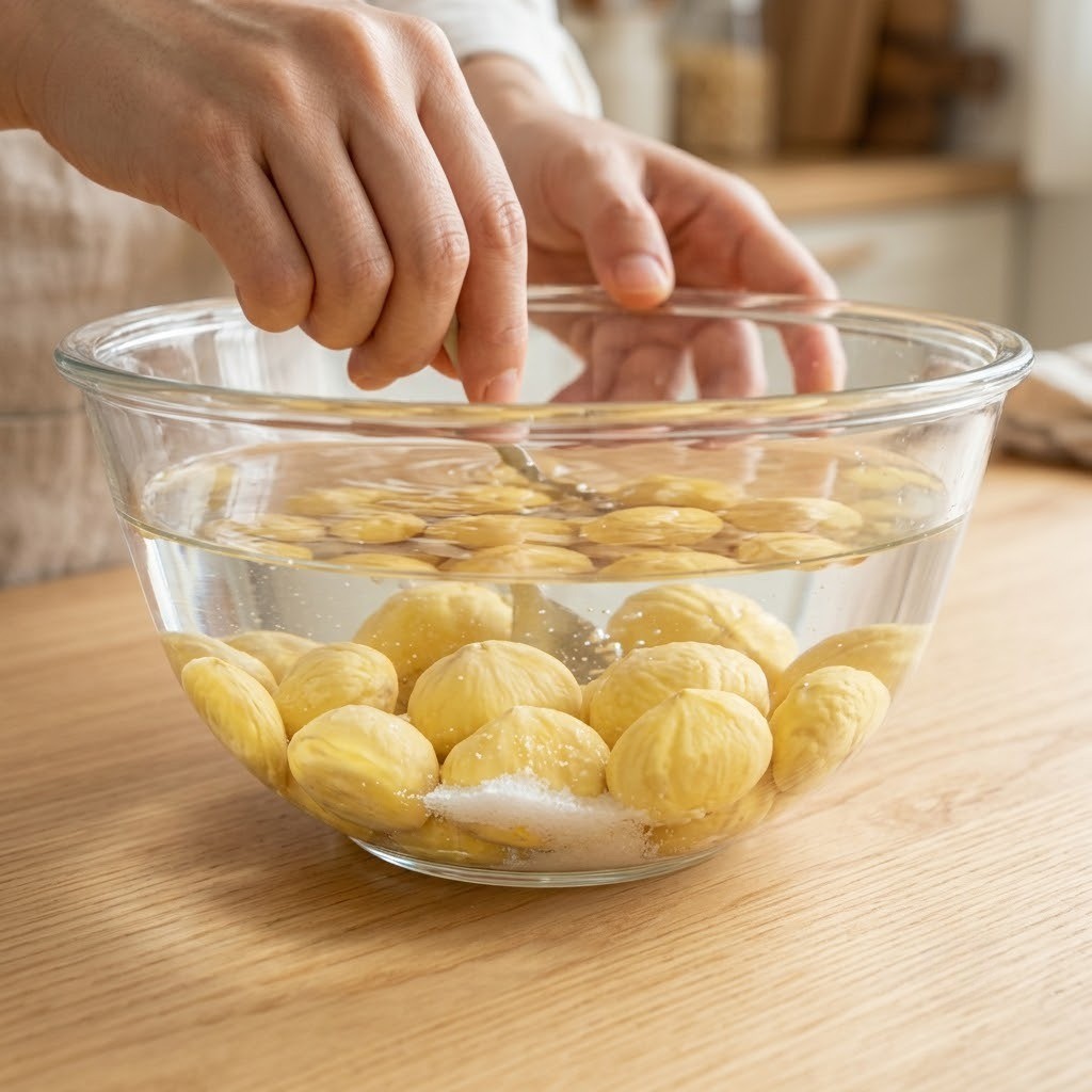 생밤 설탕과 소금 탄 물에 담가 세척하기, 밤생채 1단계