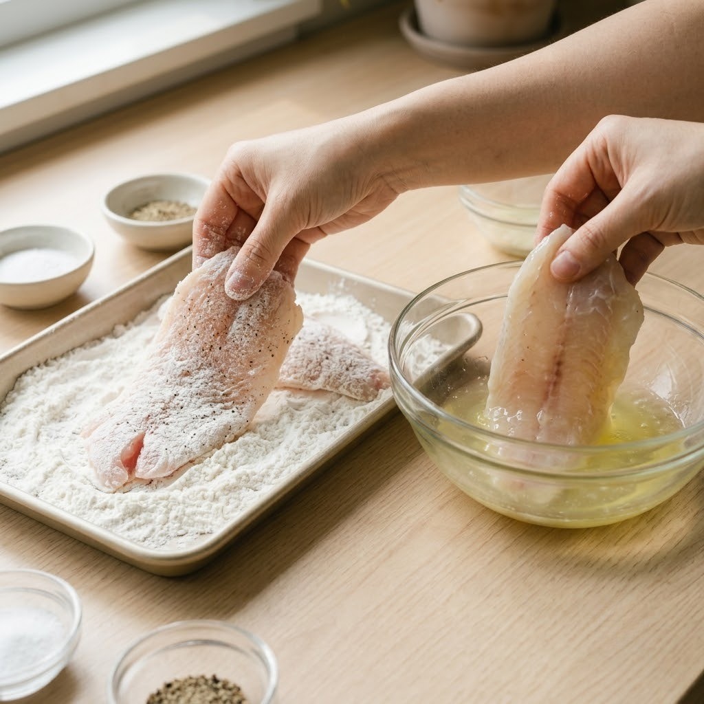 민어포에 쌀가루와 달걀흰자 옷 입히기, 민어전 만들기 2단계