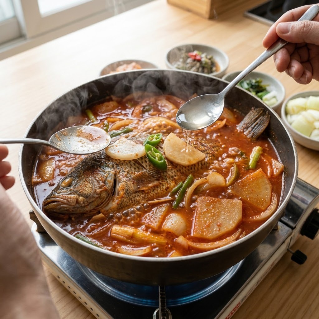 채소와 식초를 넣고 팔팔 끓이는 매운탕, 쏘가리 매운탕 만들기 3단계