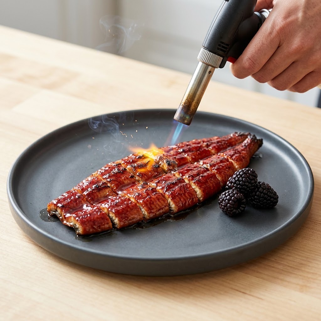 복분자 장어구이 토치로 불맛을 입히고 복분자 생과를 올리는 마무리