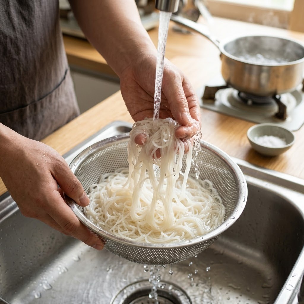 끓는 물에 소금을 넣고 삶아 찬물에 헹군 쌀국수 소면, 미나리 뚝불 면 준비