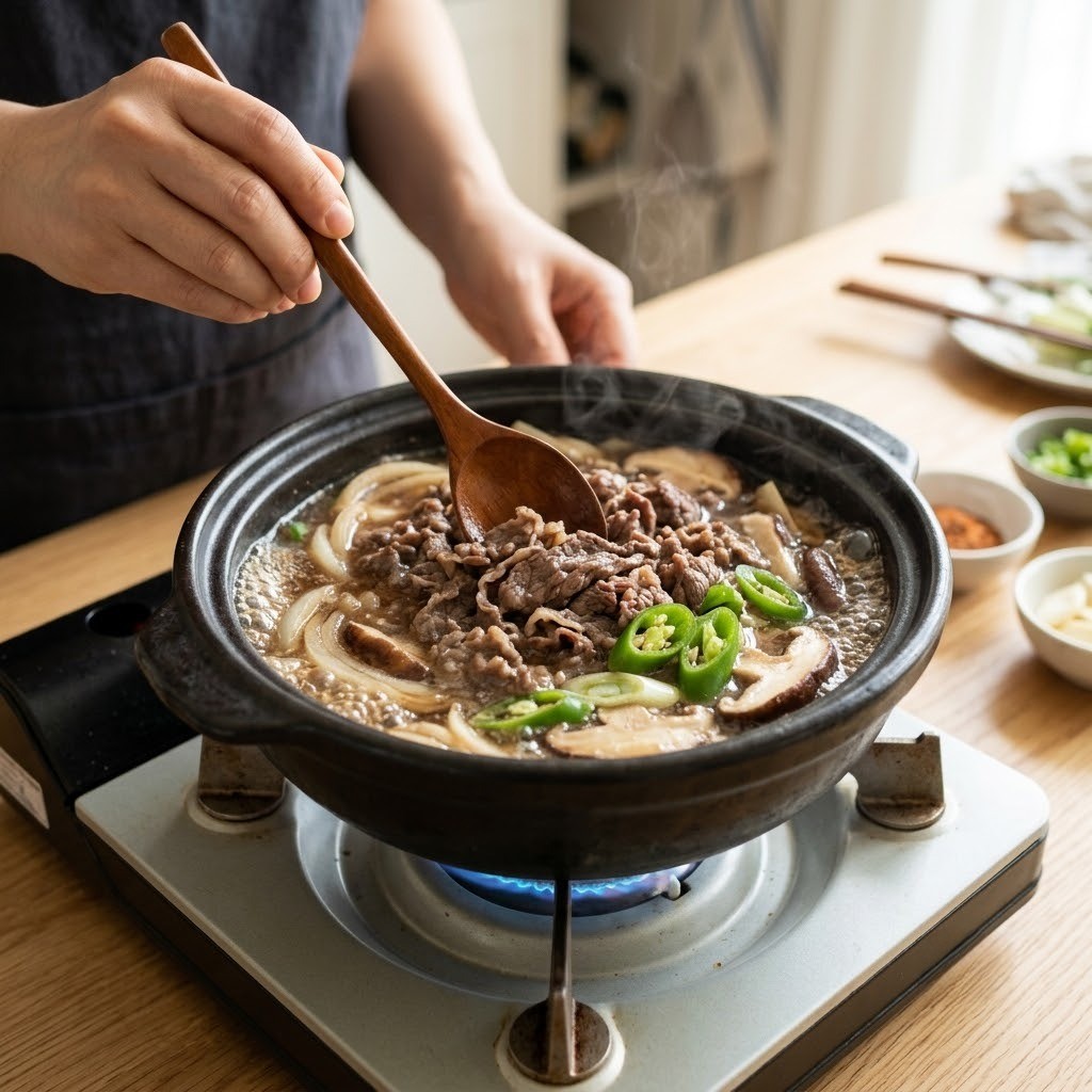 뚝배기에 양념 불고기와 채소 육수를 넣고 중불에서 끓이기, 미나리 뚝불 조리