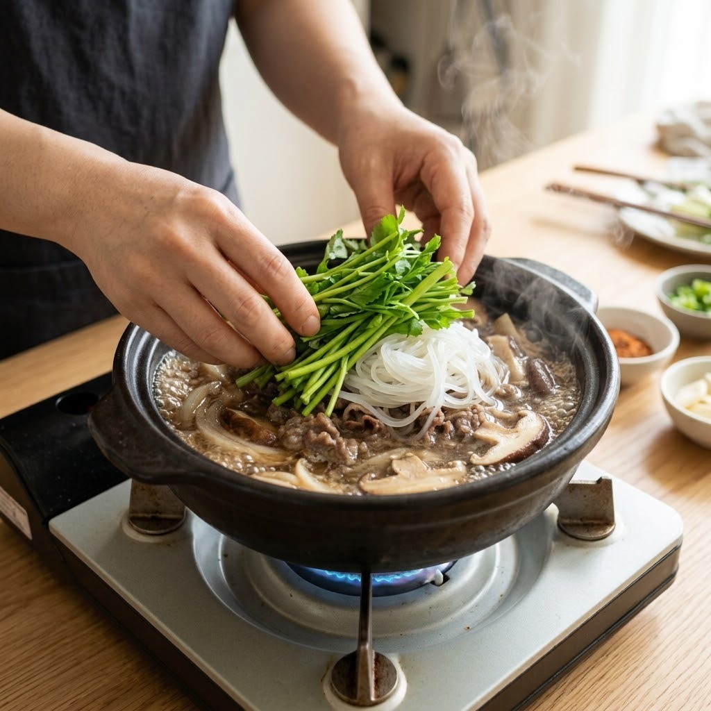 뚝배기에 삶은 쌀국수면과 향긋한 미나리를 얹어 끓이기, 미나리 뚝불 마무리