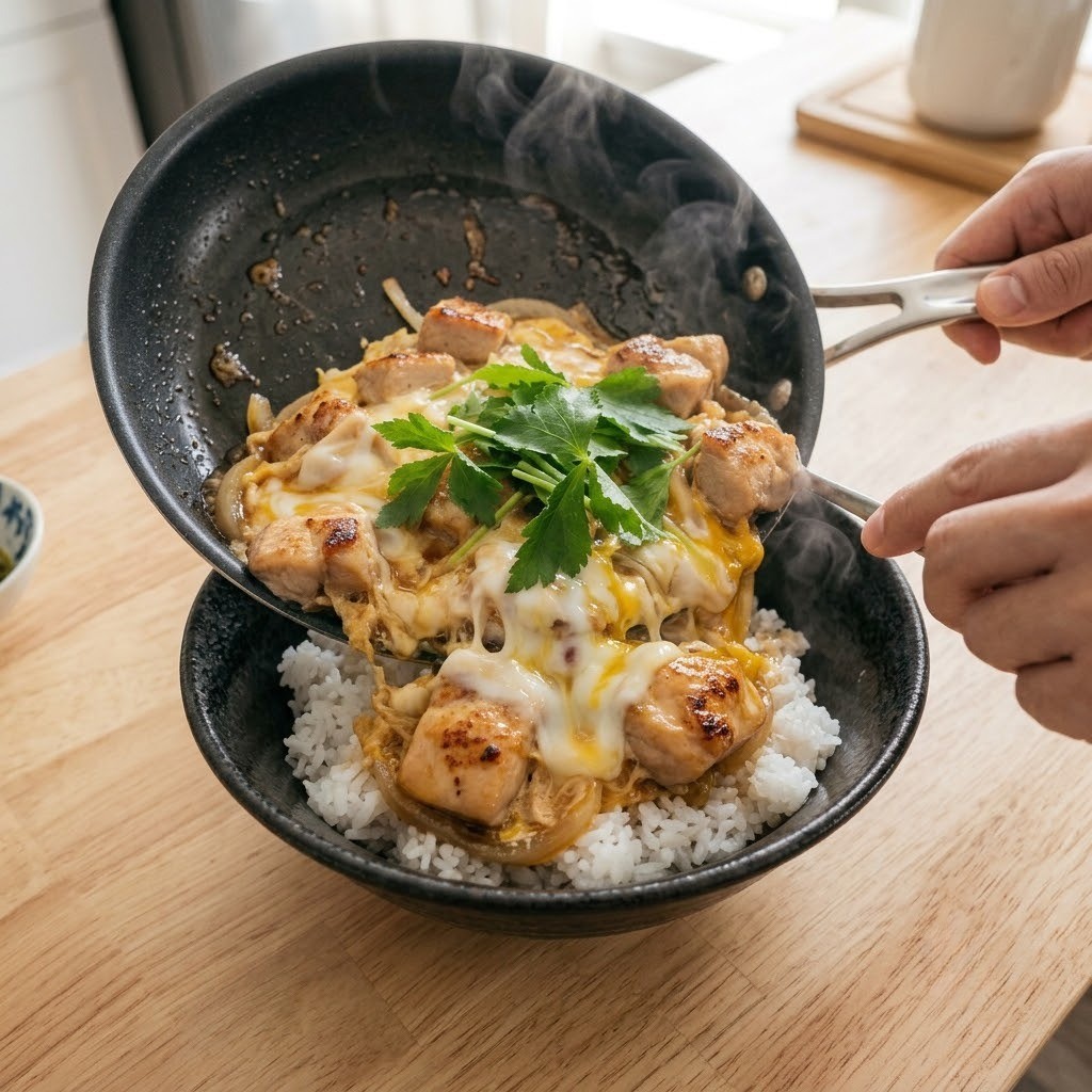 밥 위에 촉촉한 닭고기 달걀 참나물 토핑 얹기, 참나물 닭고기 달걀 덮밥 만들기 5단계