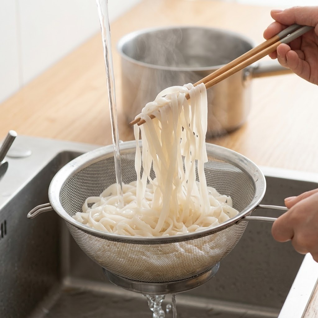 해동한 쌀면 끓는 물에 삶기, 우삼겹 볶음 쌀국수 만들기 2단계