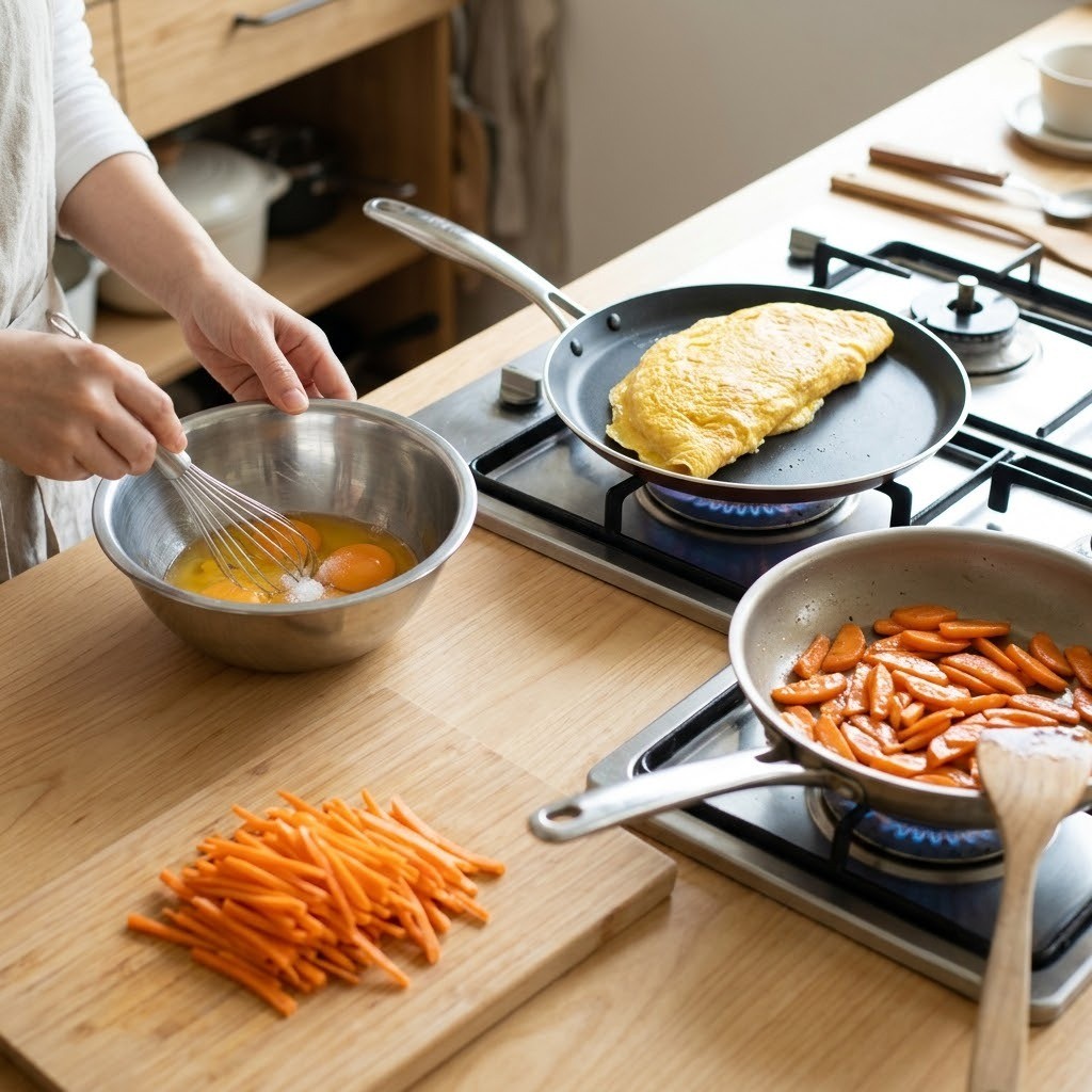 부추삼겹김밥 달걀지단 부치기와 채 썬 당근 볶기 손질 과정