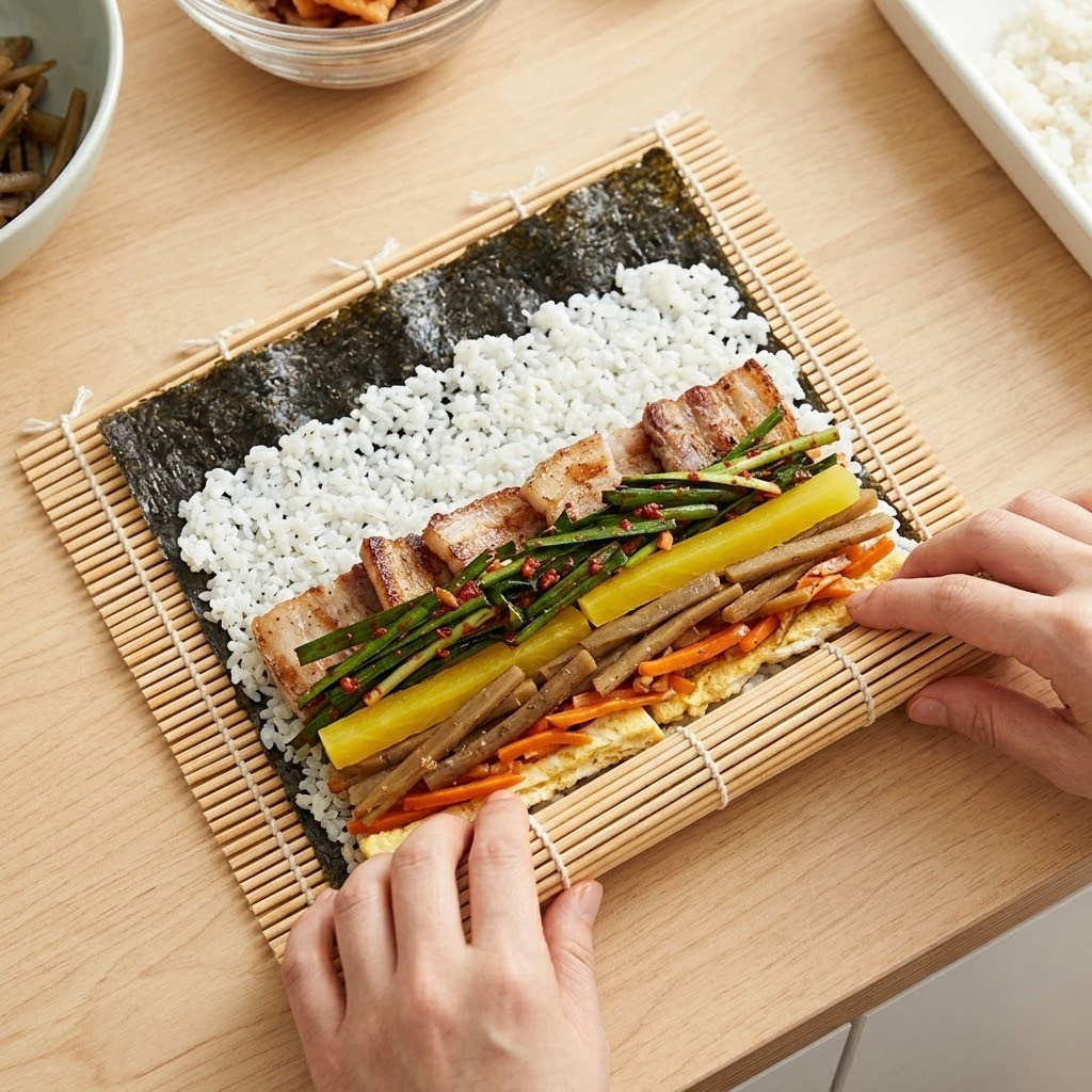 김 위에 밥과 삼겹살, 부추김치를 올려 단단히 마는 모습
