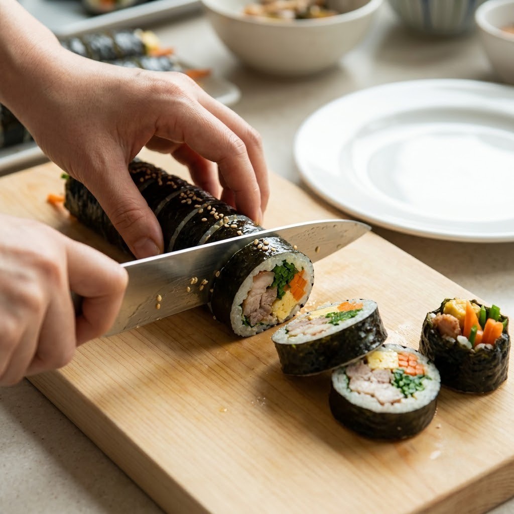 참기름을 바른 부추삼겹김밥을 칼로 일정하게 써는 모습