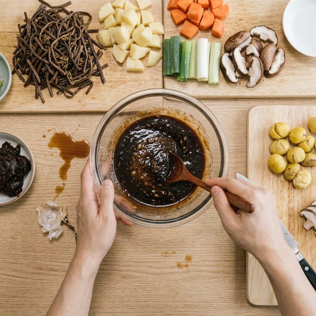 갈아둔 양파와 배에 춘장과 갖은양념을 섞어 특제 갈비찜 양념장을 만드는 장면