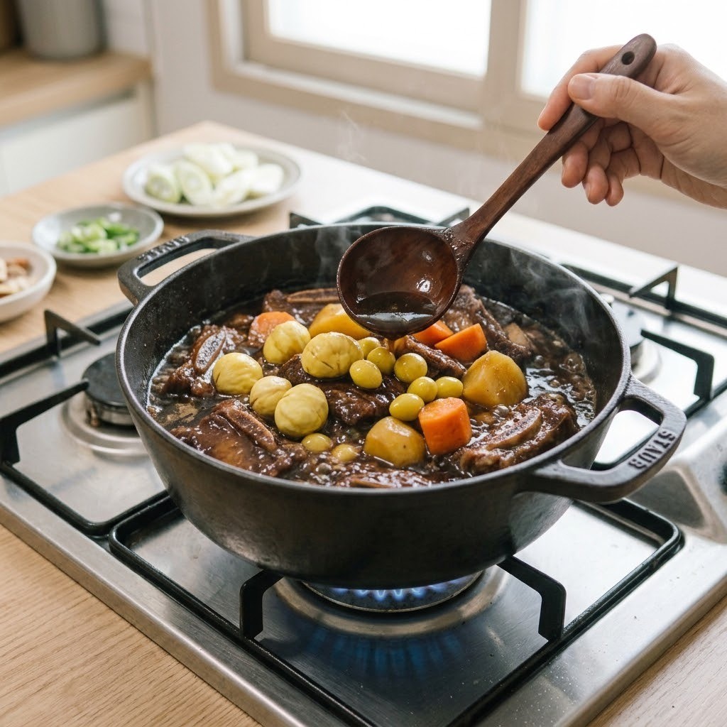 소갈비찜에 감자와 당근, 깐 밤, 은행을 넣고 15분간 함께 끓이는 조리 모습