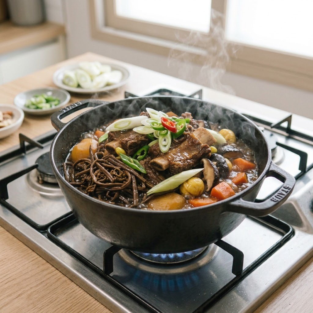 갈비찜에 자숙 고사리와 대파, 표고버섯, 청양고추를 넣고 5분간 조려 완성한 요리