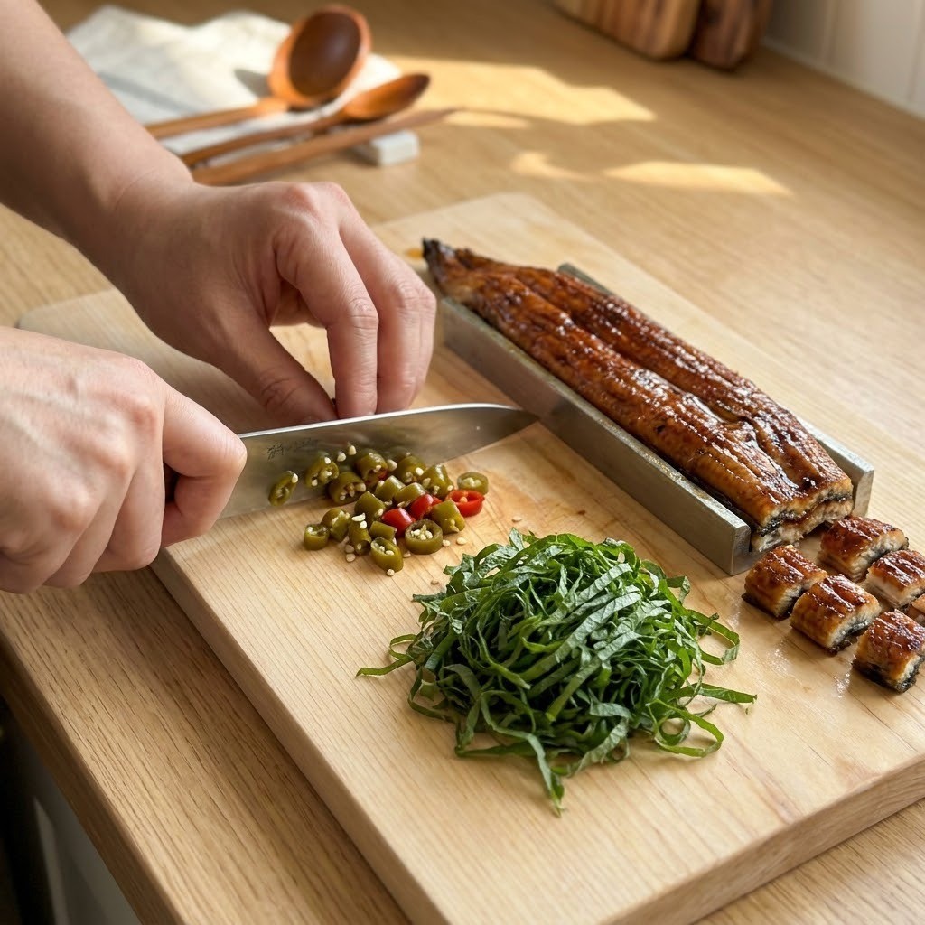 고추 장아찌 다지기와 깻잎 채썰기 및 복분자 장어 손질 단계