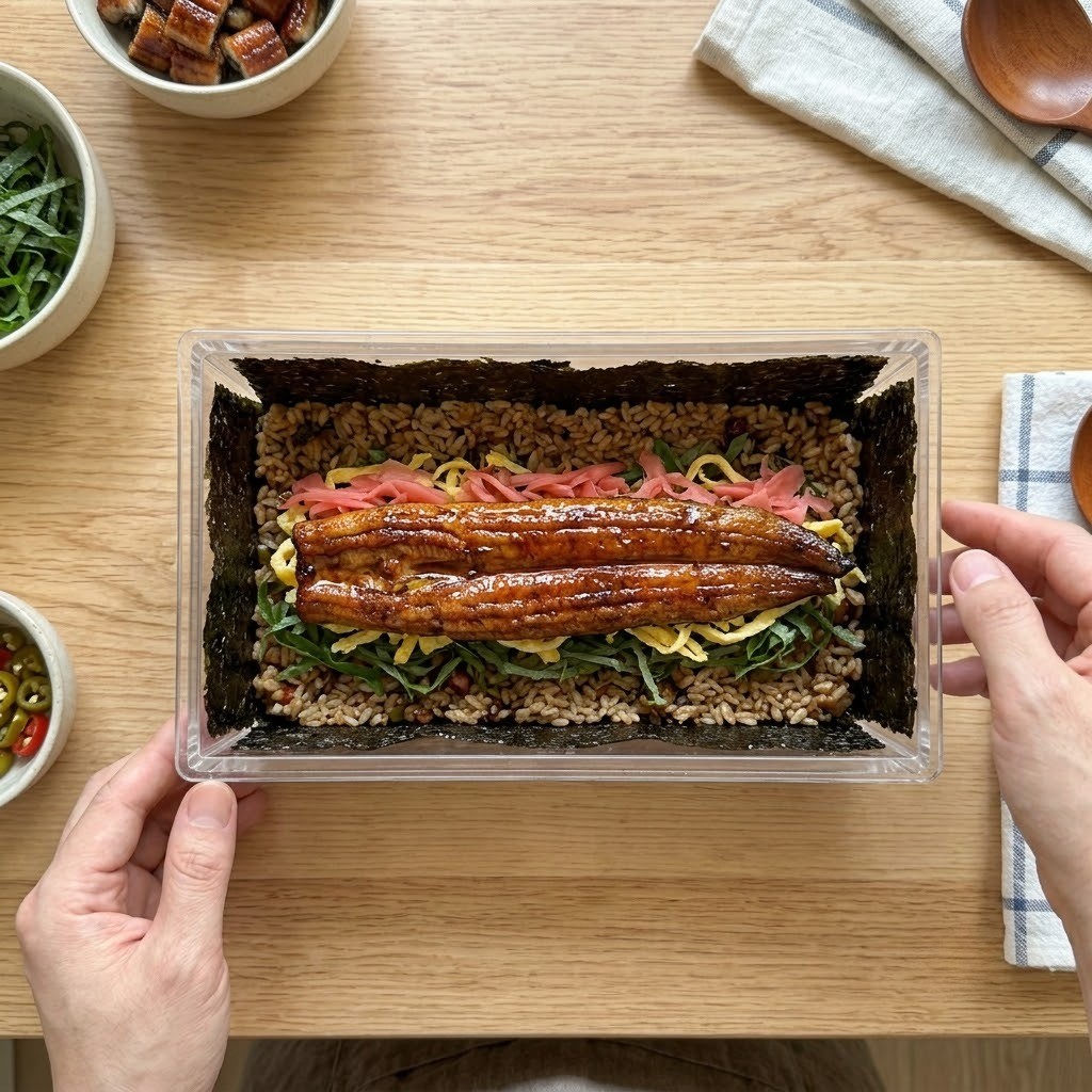 김밥 틀 위에 볶은 밥과 깻잎 지단 장어를 층층이 쌓는 모습