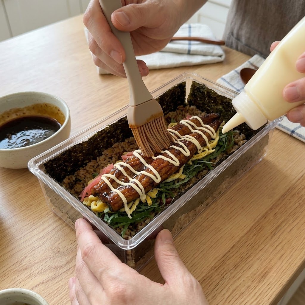 장어 위에 소스와 마요네즈를 뿌리고 밥으로 덮어 말아주는 과정