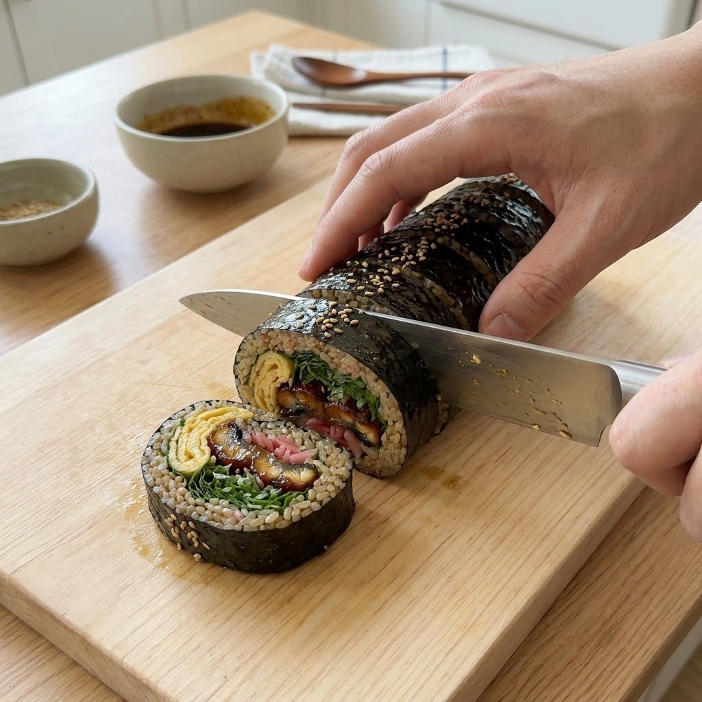 참기름을 바른 장어 김밥을 일정한 두께로 정갈하게 썰어내는 장면