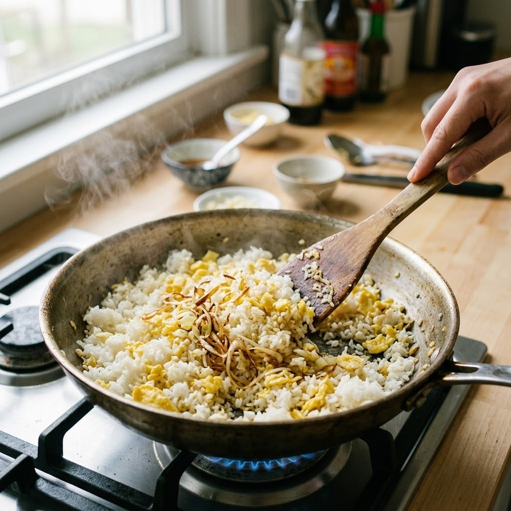 파마늘 기름에 달걀과 밥 볶기, 마늘버터 골뱅이 덮밥 4단계