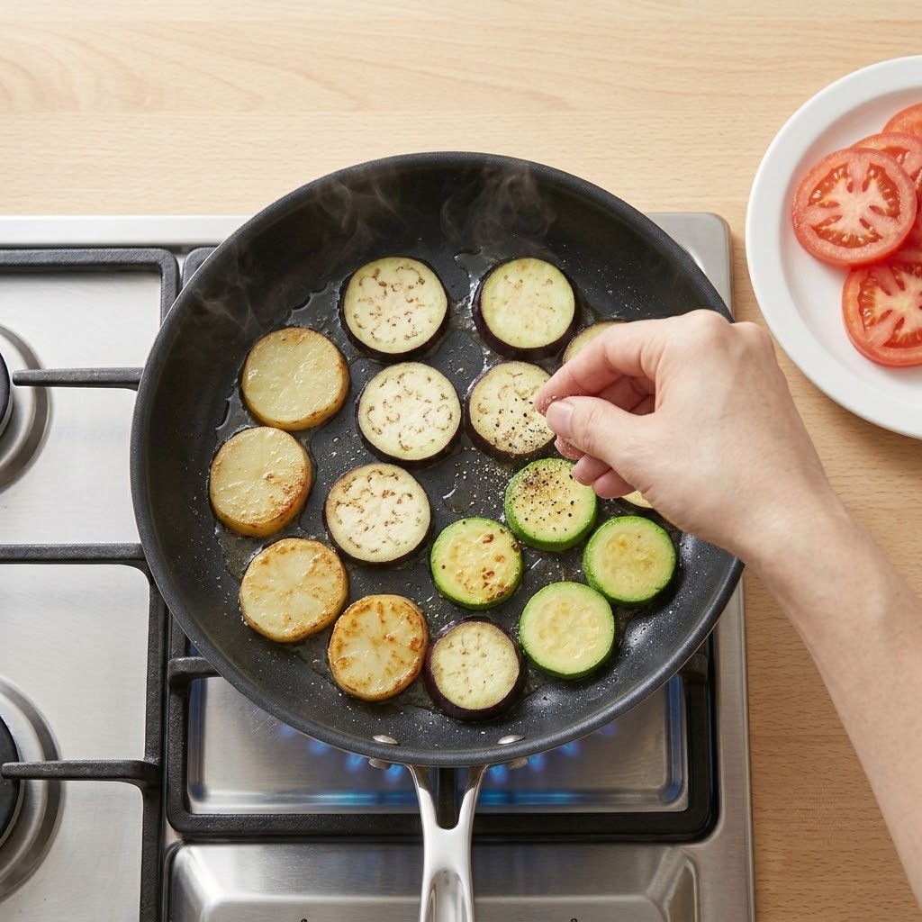 밀푀유 고추장 찌개 동그랗게 썬 감자 가지 애호박 굽기 3단계