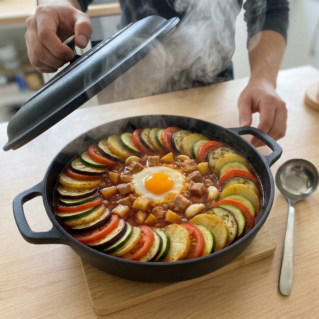 밀푀유 고추장 찌개 채소 둘러 담고 육수와 달걀 넣어 끓이기 4단계