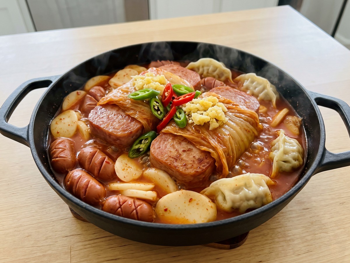 통햄 김치찜 완성 요리, 묵은지로 감싼 통조림 햄과 만두를 끓여낸 편스토랑 이찬원 레시피