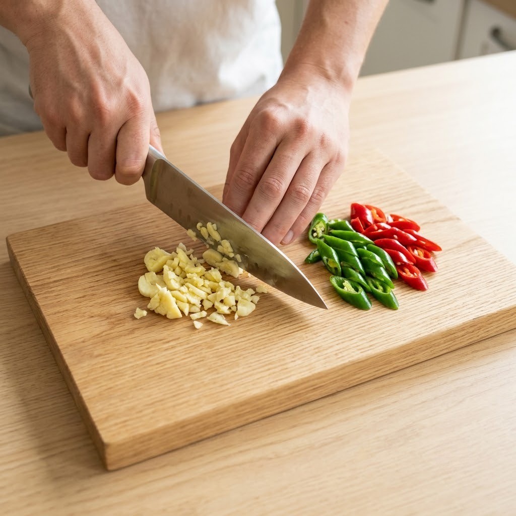 통햄 김치찜 재료 손질하기, 도마 위에서 칼등으로 마늘을 으깨고 청양고추와 홍고추를 어슷 썰기