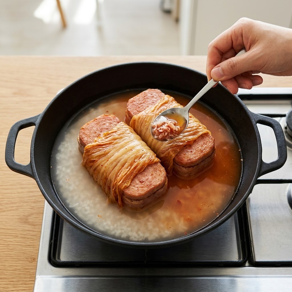 통햄 김치찜 육수 붓기, 냄비에 구운 햄을 묵은지로 감싸 담고 쌀뜨물과 액젓 양념을 붓는 과정
