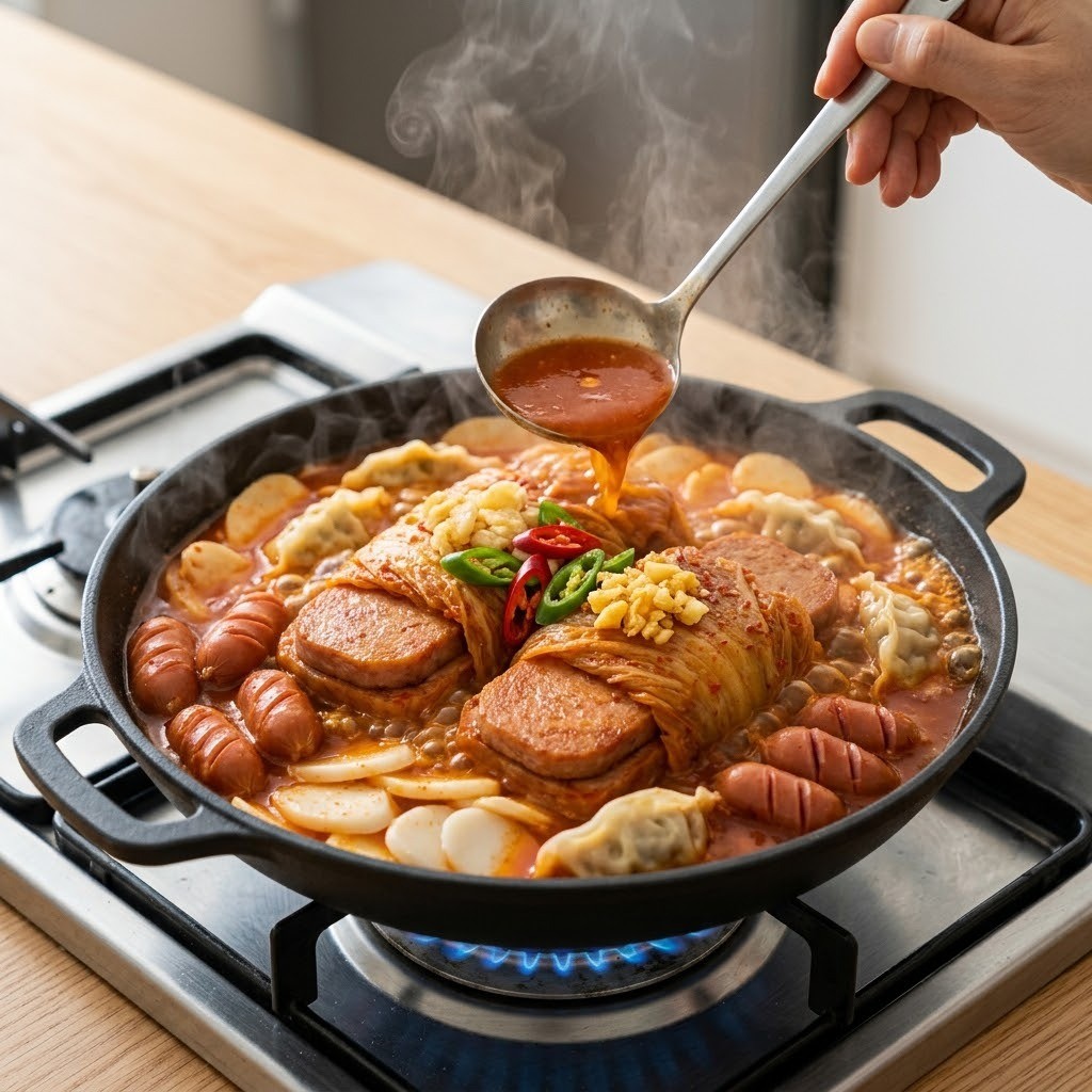 통햄 김치찜 끓여 완성하기, 비엔나소시지와 고기만두, 떡국떡, 다진 마늘을 넣고 팔팔 끓인 모습