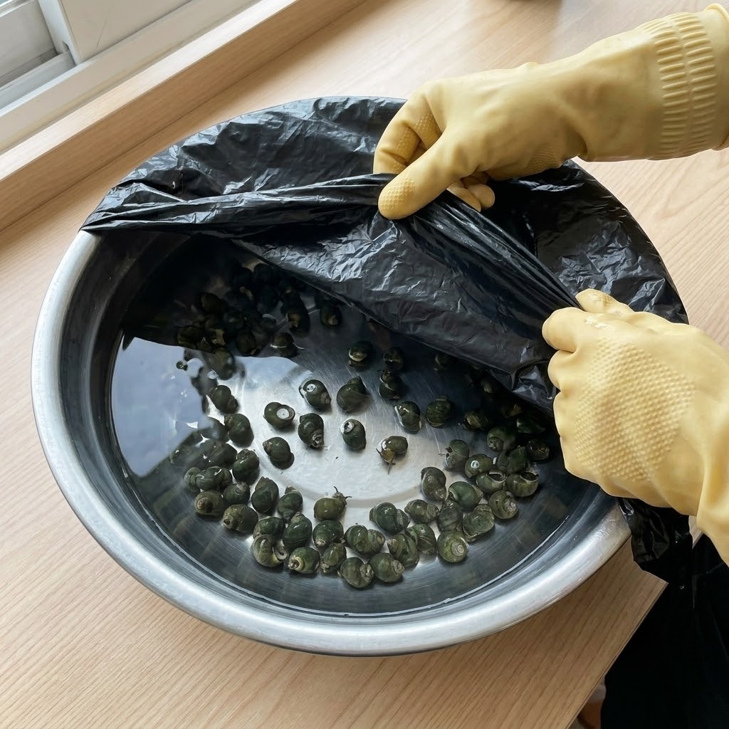 고디탕 검은 비닐을 덮어 어두운 환경에서 다슬기 불순물을 해감하는 과정