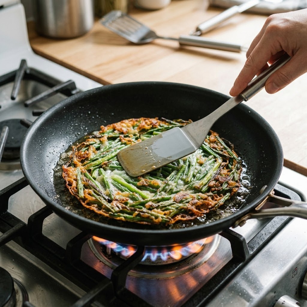 달군 프라이팬에 마늘종 반죽을 올리고 노릇노릇 바삭하게 부치는 모습