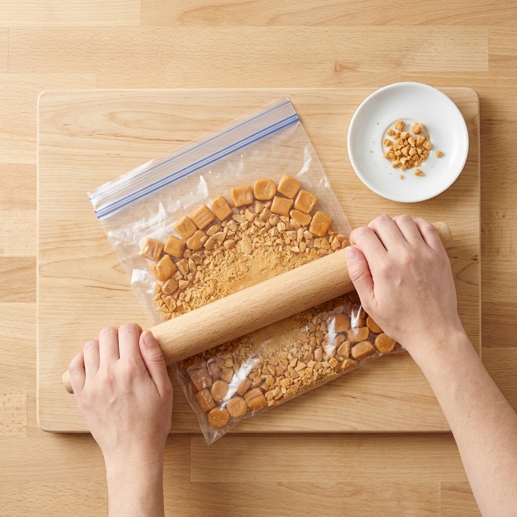 캔디 크림 라떼 사탕 빻기, 지퍼백에 버터스카치 사탕을 넣고 밀대로 부수는 모습