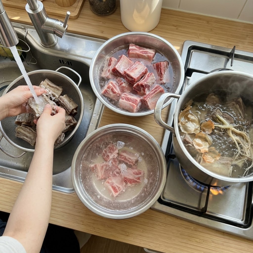 소갈비 핏물 빼기와 초벌 데치기, 우거지 갈비탕 만들기 1단계