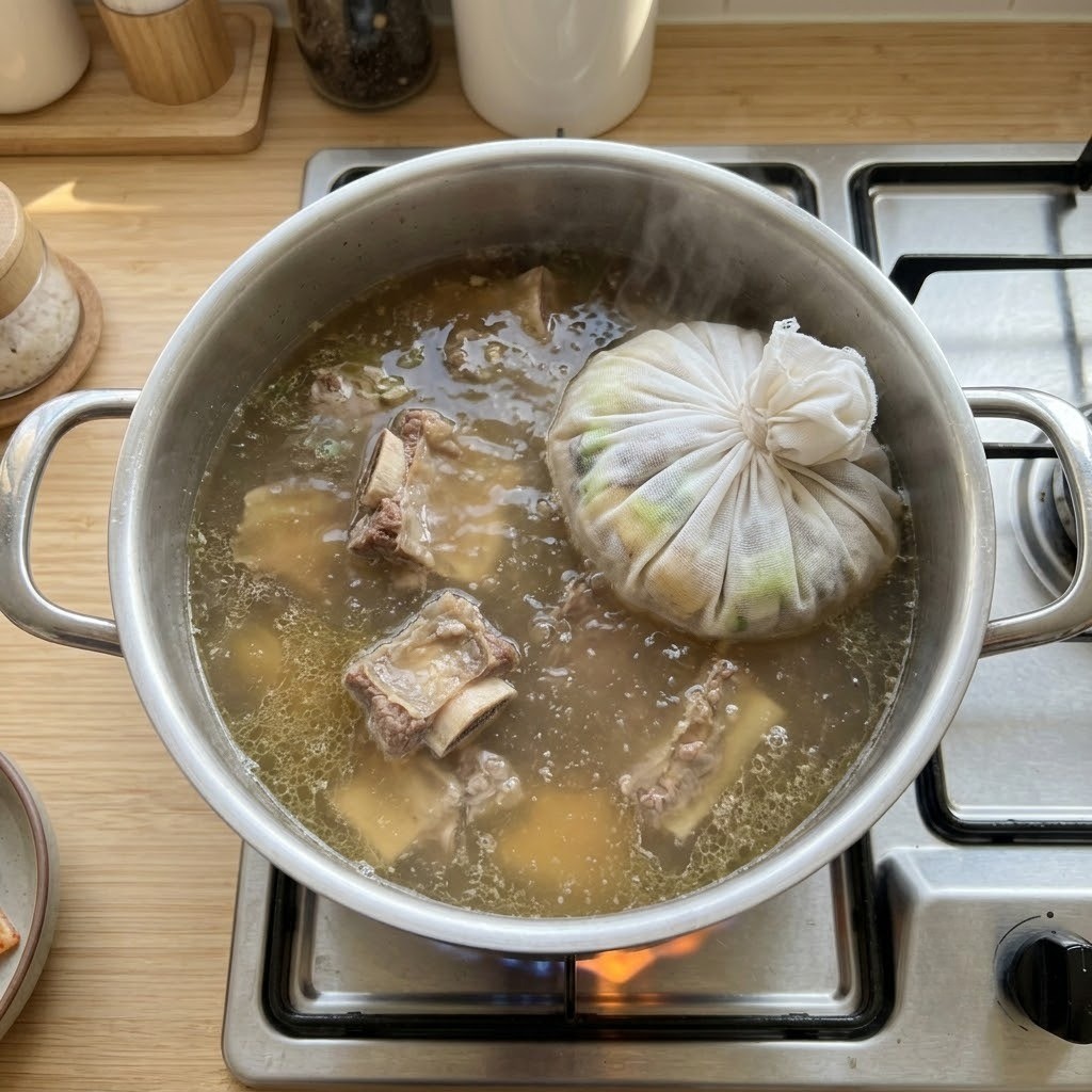 면 자루에 육수 재료를 넣고 소갈비와 함께 끓이기, 우거지 갈비탕 만들기 2단계
