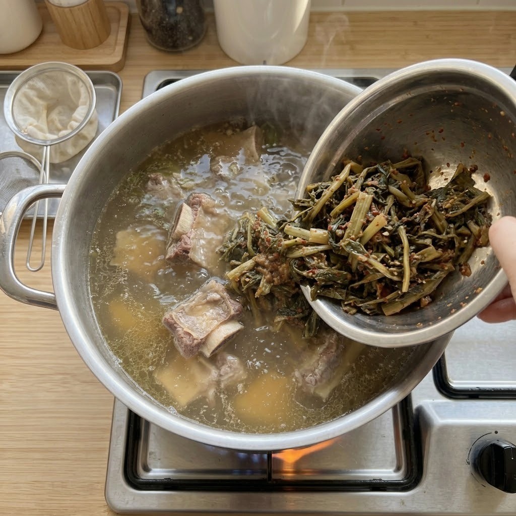 면포에 걸러 기름기를 제거한 육수에 우거지를 넣고 끓이기, 우거지 갈비탕 만들기 4단계