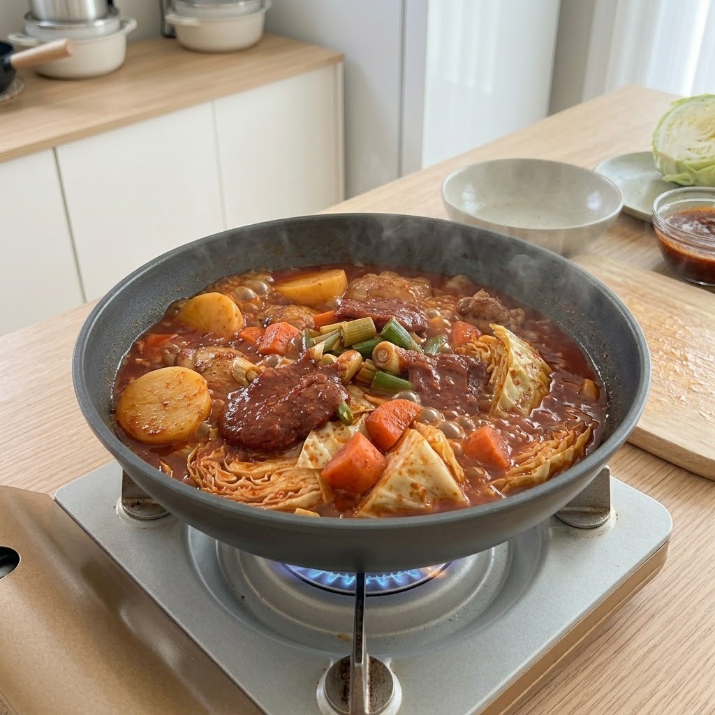 새빨갛고 걸쭉한 국물에 감자와 닭고기가 푹 익어 끓고 있는 닭볶음탕
