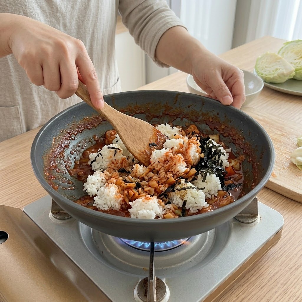 남은 양념에 밥과 김치, 김가루를 넣고 고소하게 볶아낸 볶음밥