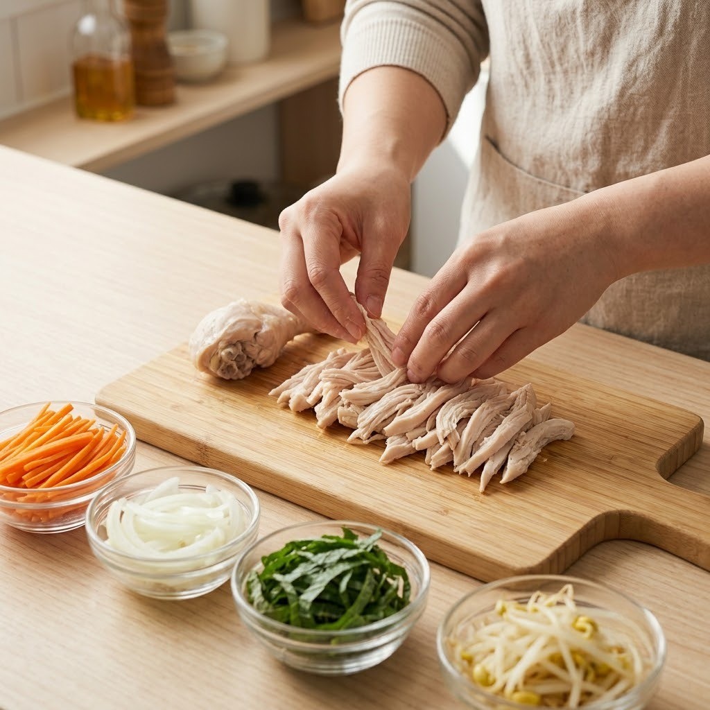 1020 마늘 비빔 수제비 닭다리를 삶아 결대로 찢고 채소를 써는 과정