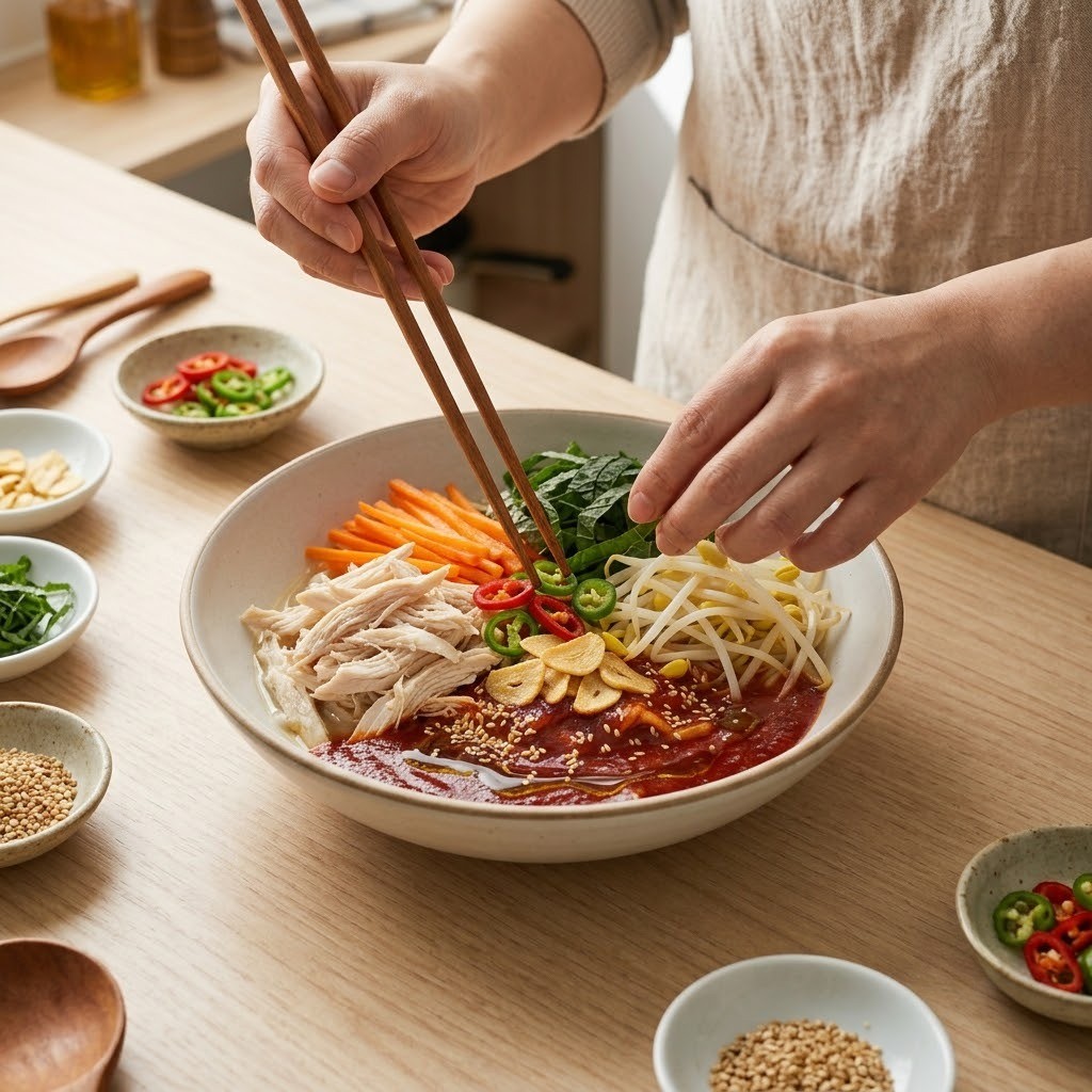 1020 마늘 비빔 수제비 수제비 위에 닭다리살과 채소 고명을 정갈하게 올리는 모습