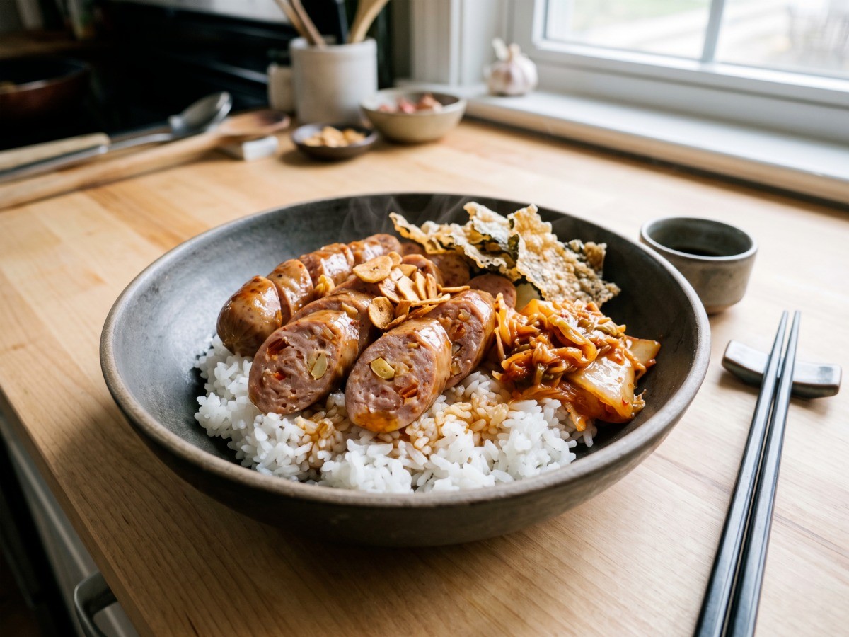 편스토랑 김규리 마늘 김치 소시지 덮밥과 바삭한 김부각 완성 요리