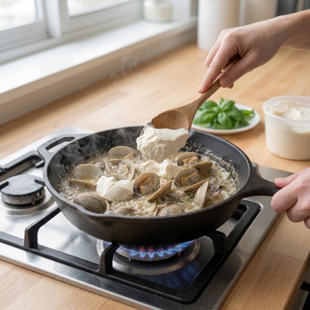 순두부 크림 리소토에 순두부를 넣어 부드럽게 끓여 바질을 얹는 모습