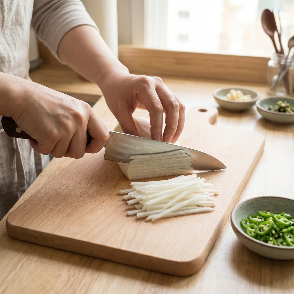 무된장찌개 도마 위에서 무를 곱게 채 썰고 고추를 송송 써는 모습