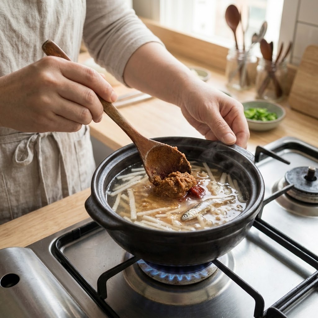 무된장찌개 냄비에 채 썬 무와 멸치 된장 양념을 넣고 끓이는 장면